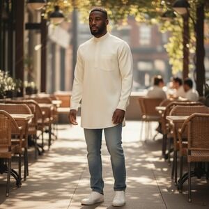 Banana Republic Men's Cream Mandarin Collar Long Sleeve Casual Shirt Size Medium